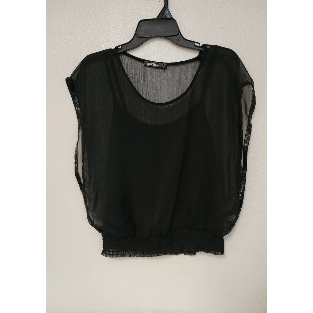 Sakura round Neck black night blouse tunic Tops Blouse Pullover Women Size M